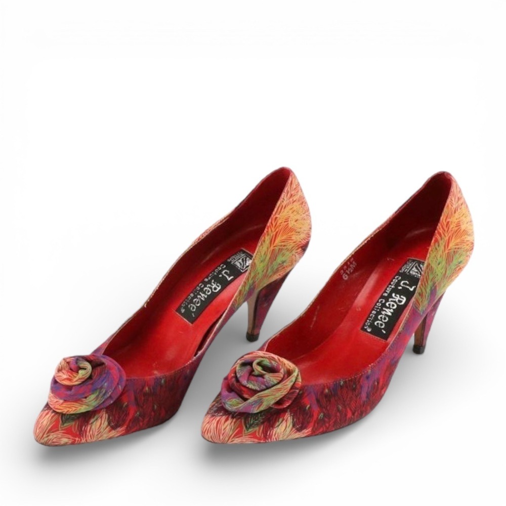 Vintage J. Renee Couture Collection Peacock Feather Pumps Floral Rosette 6.5 EUC